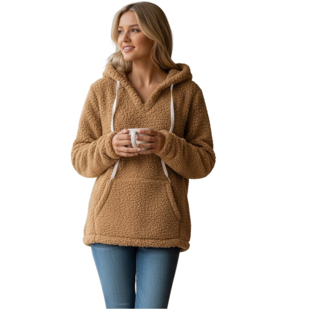 CDM Collection Sherpa Hooded Fleece Pullover Hoodie Jacket Color Tan, Size Large